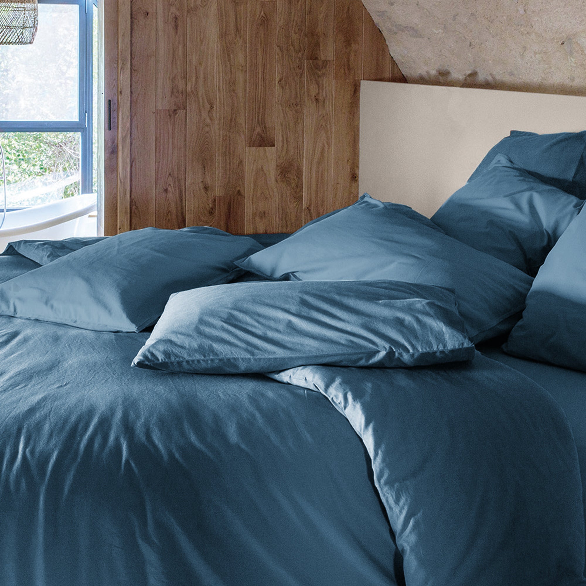Drap housse PALACE pur coton lavé 160x200 cm bonnet 35 cm uni bleu marine - 3