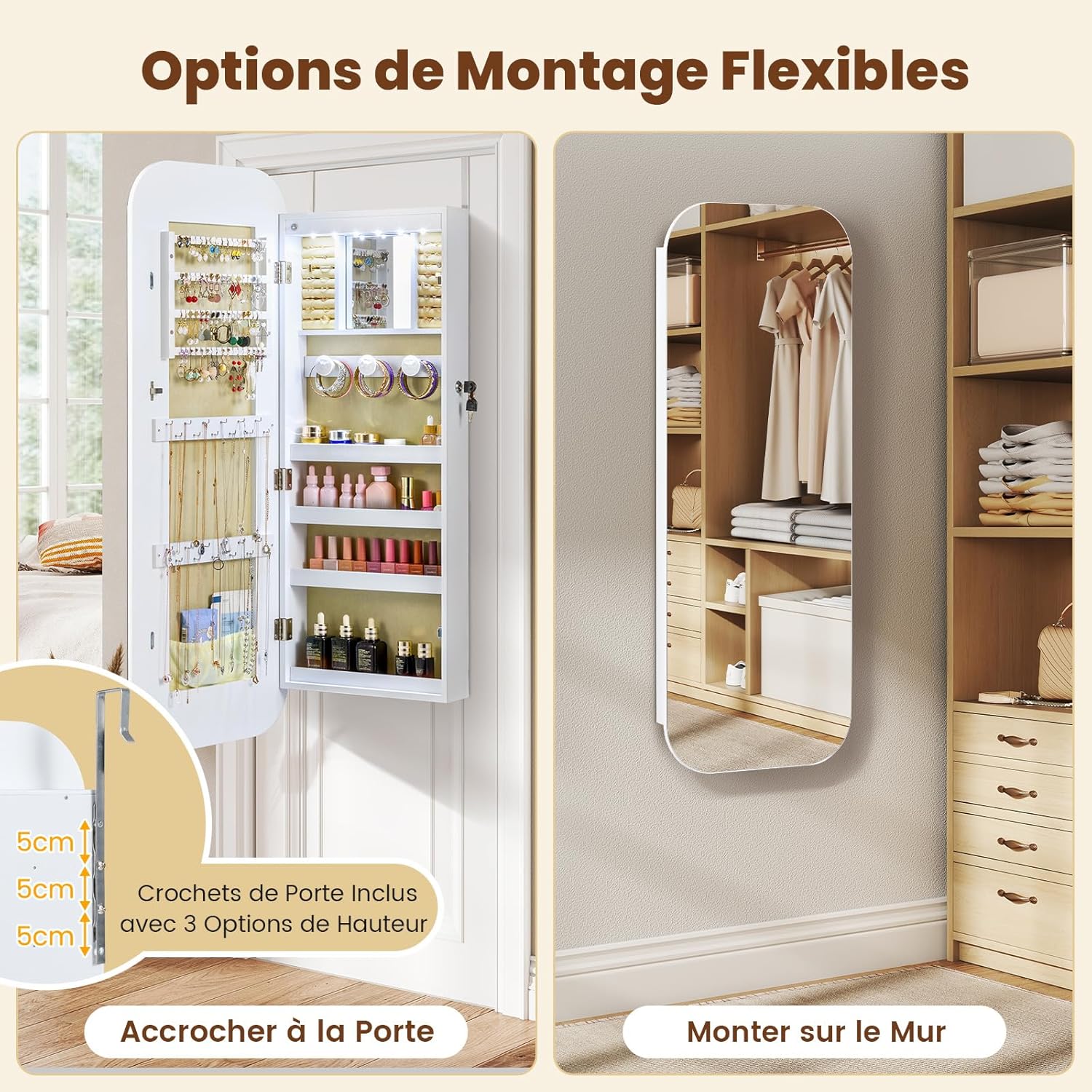 Armoire a Bijoux Suspendue avec Miroir Large & 6 Lumières LED, Porte Bijoux Mural d'Angle Rond avec Étagères & Verrouillable, 42x10x107,5 CM - 2