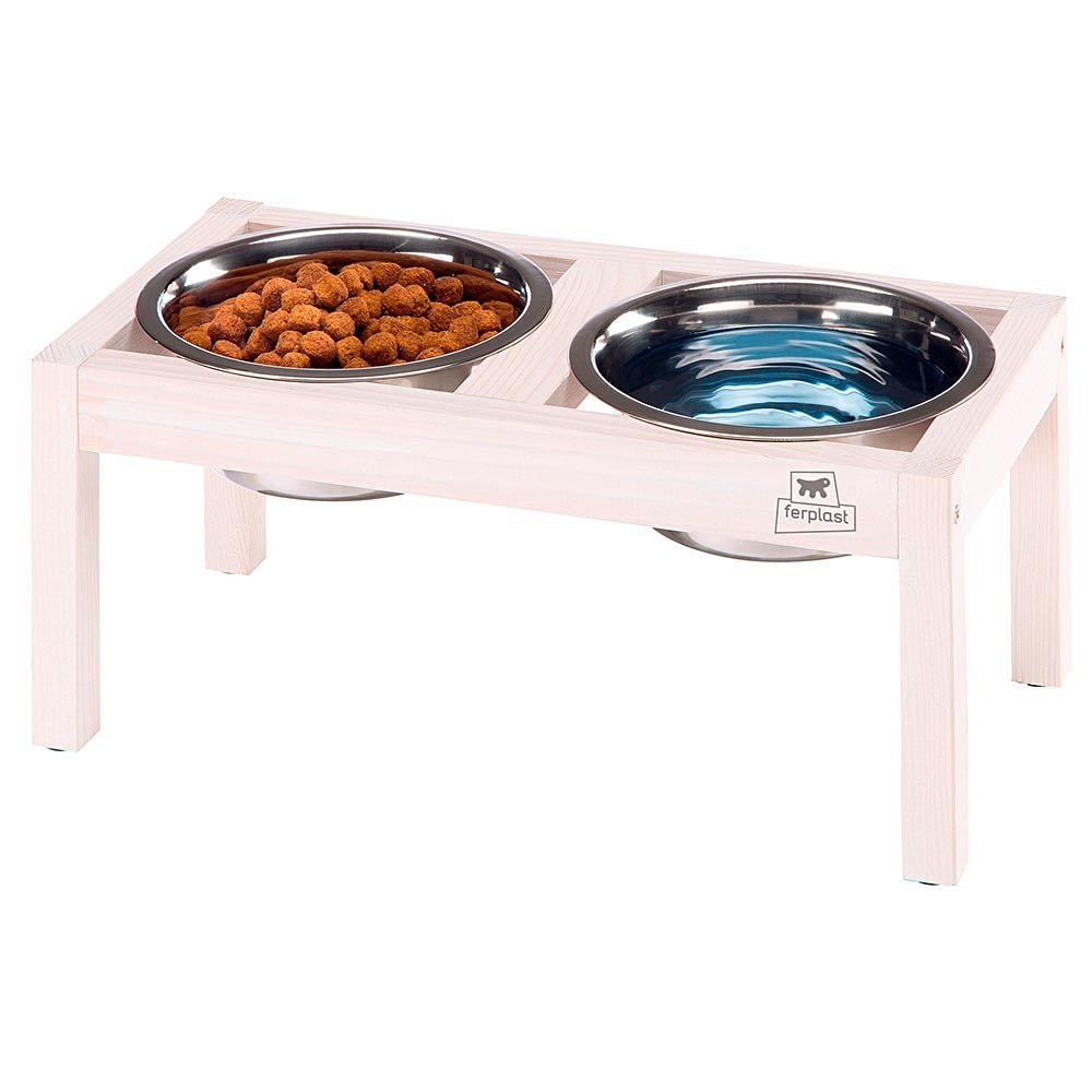 Ferplast Desco Wood Porta Ciotola per Cani con 2 Ciotole in Acciaio Inossidabile - Elegante Ciotola per Acqua e Cibo per Cani in Legno Rialzata, - 4