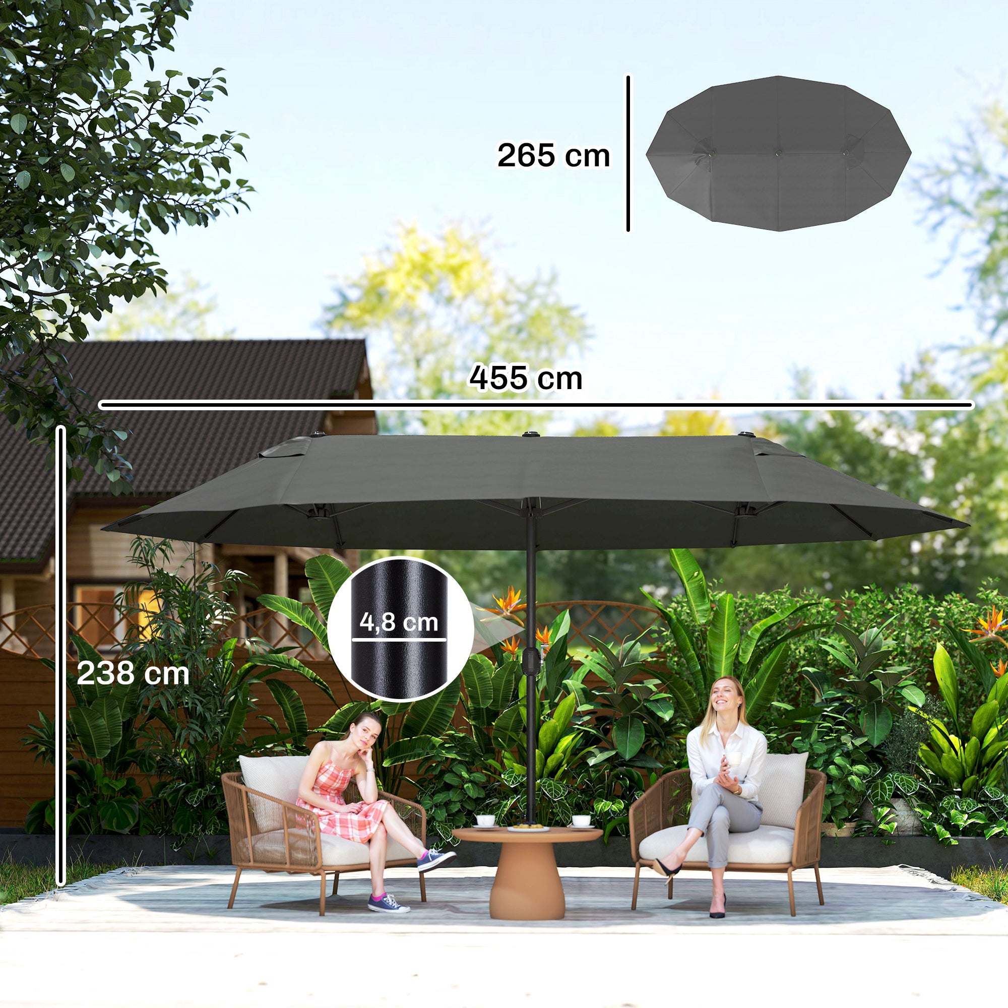Chapéu de Sol Duplo Outsunny Cinzento Tela de Poliéster, Aço 460x270x240cm - 3