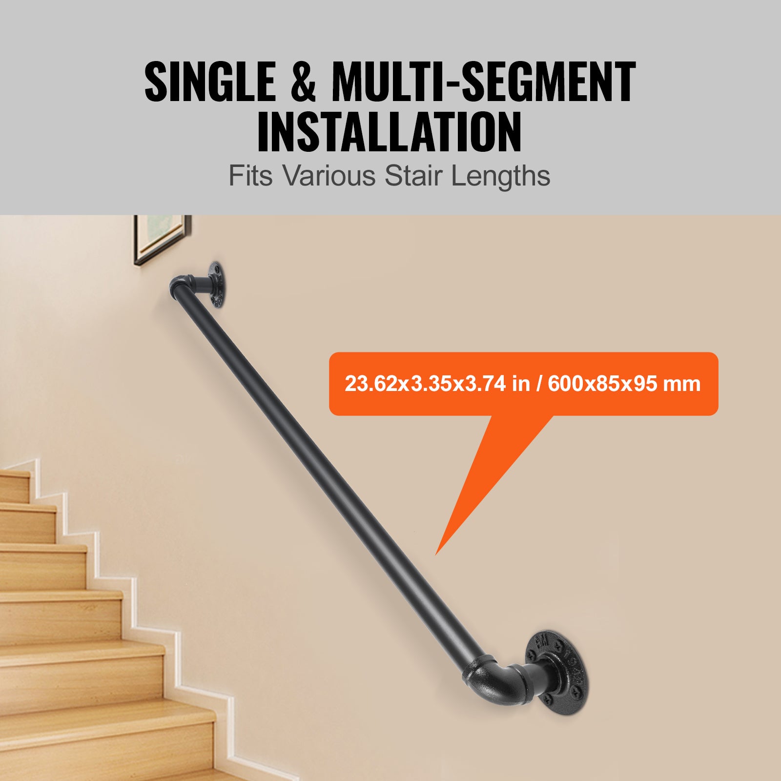 Rampe Murale Escalier 0,6 m SucceBuy, Main Courante Métal Ø32 mm Acier Carbone Noir, Charge 200 kg avec Supports pour Escalier, Maison, Jardin - 6