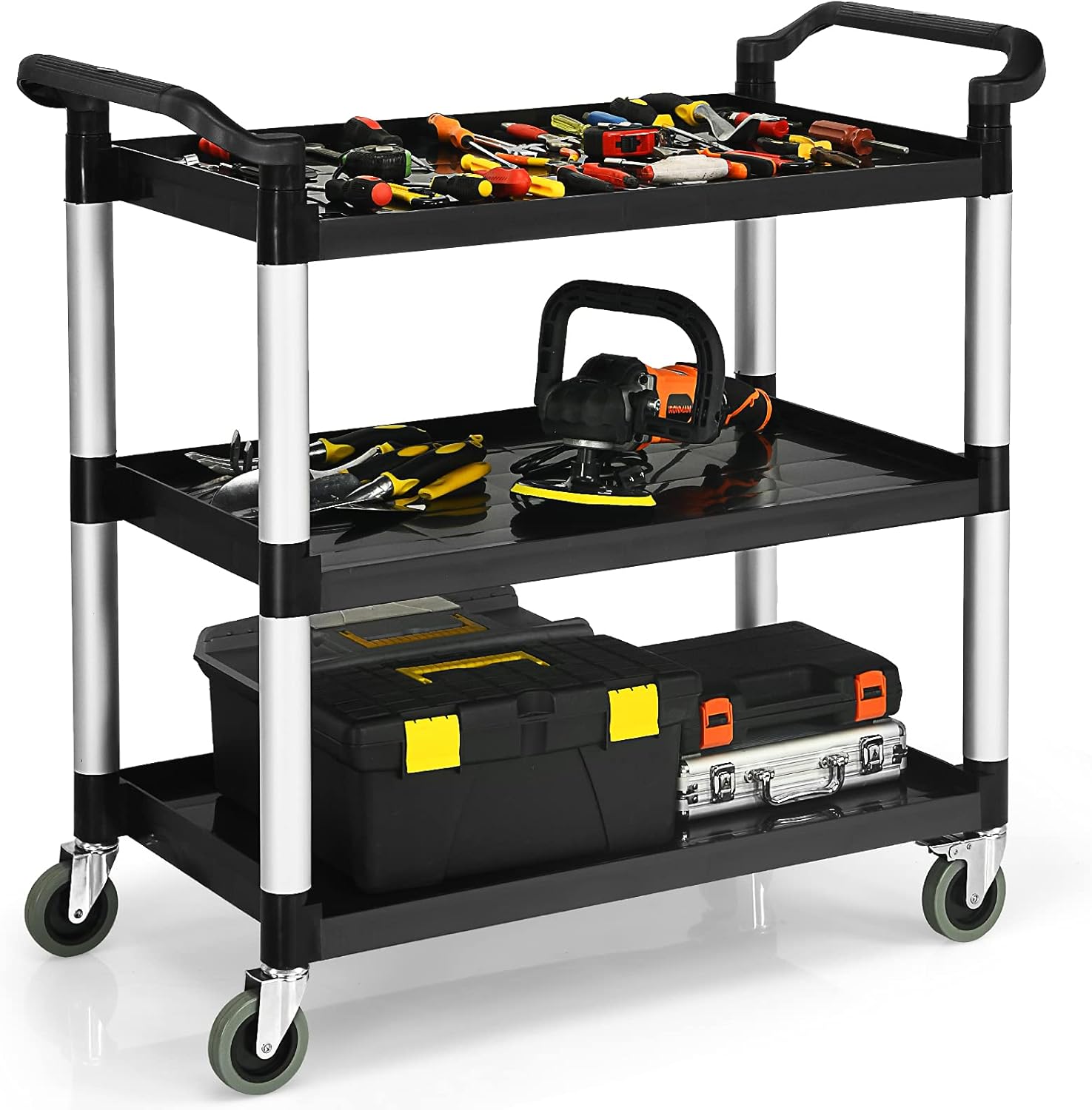 Wózek Plastikowy z 3 Regałami, Wózek Restauracyjny, 2 Kółka z Blokadą, 2 Uchwyty, Wózek Serwisowy do Kuchni