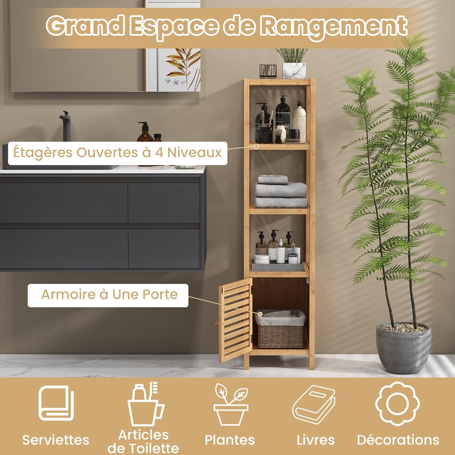 Armadio Portaoggetti in Bambù 140 cm, Armadietto da Pavimento per Bagno con 5 Ripiani e Anta a Persiana, Unità di Mensola Autoportante per Ing - 5