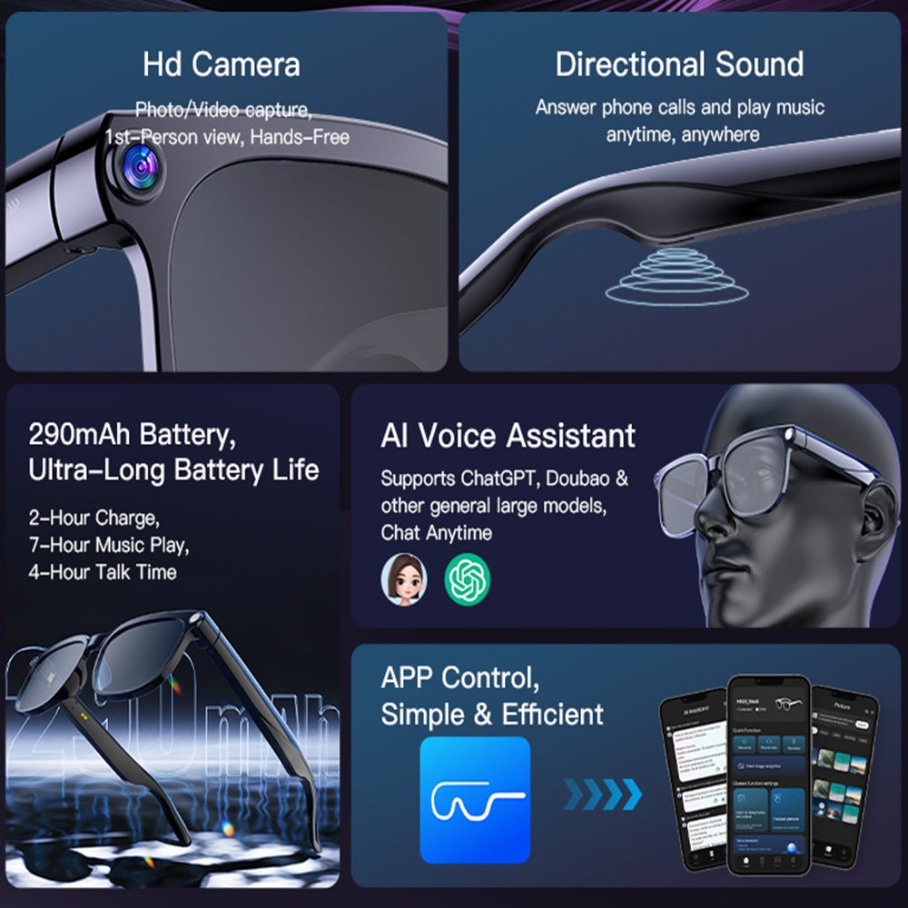 Lunettes intelligentes avec caméra 8 MP, enregistrement vidéo, traduction simultanée, appels Bluetooth et assistant IA. - 4