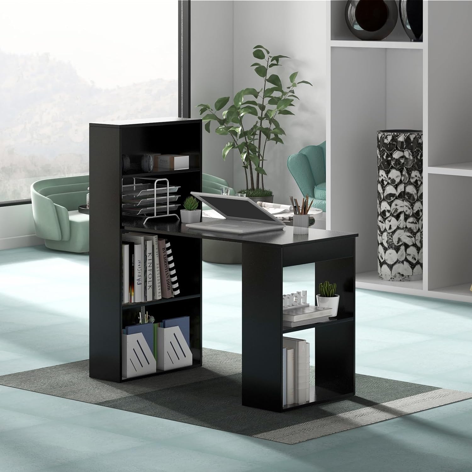 Bureau d'Ordinateur Réversible avec Bibliothèque, Assemblage Facile, pour Maison, Bureaux (Noir) - 3