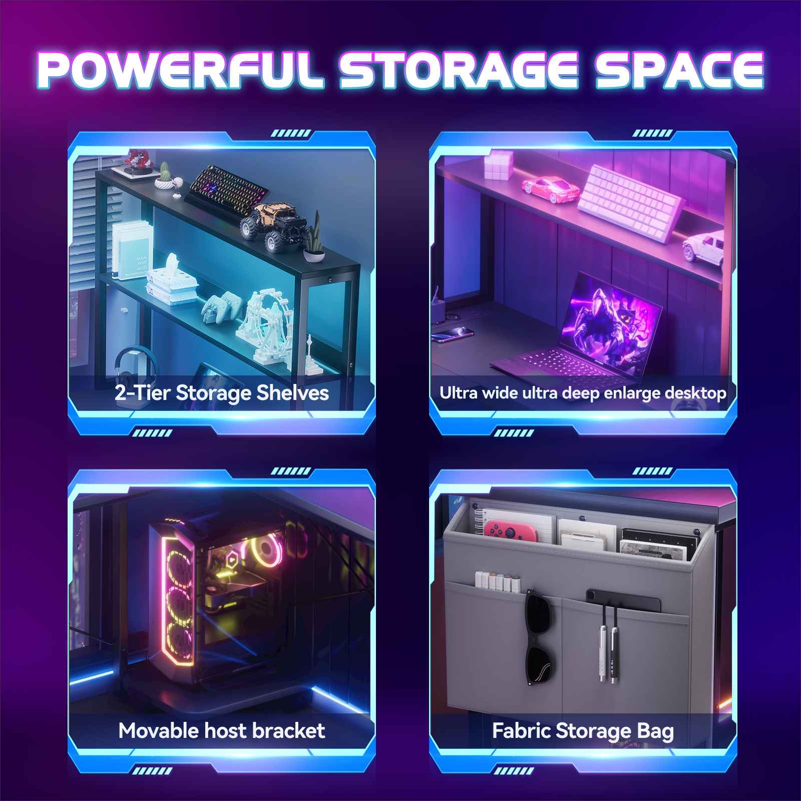 Bureau Gaming en L avec LED & Prise de Courant, Bureau Réversible 53