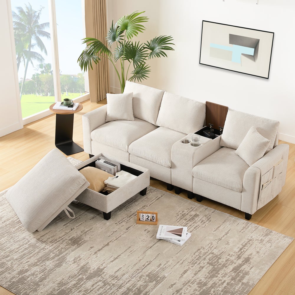 Nowoczesna sofa narożna w kształcie litery L, sztruksowa, z konsolą, portem USB, uchwytami na kubki i miejscem do przechowywania