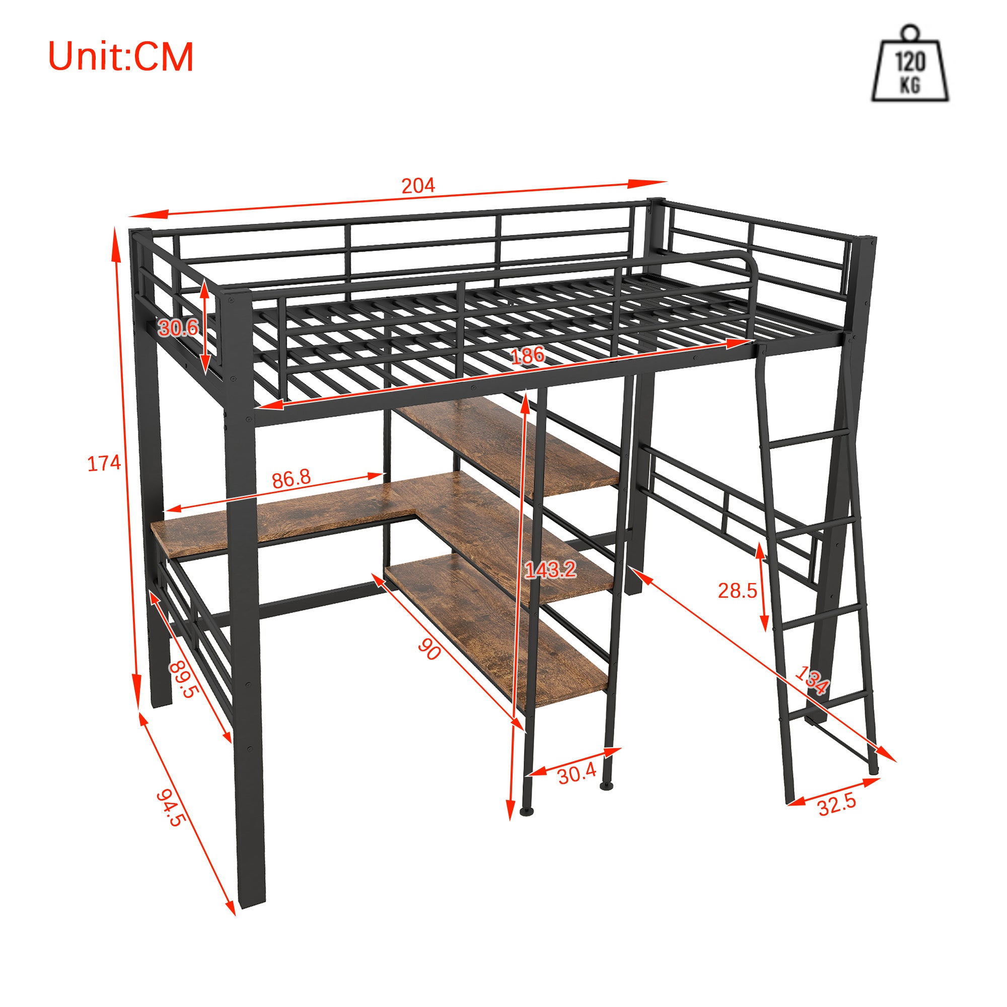 Lit Mezzanine 1 Place Avec Bureau Et Rangements - 90x200cm - Noir/Blanc - Structure Acier & MDF - Idéal Pour Chambre D'ado Ou Studio