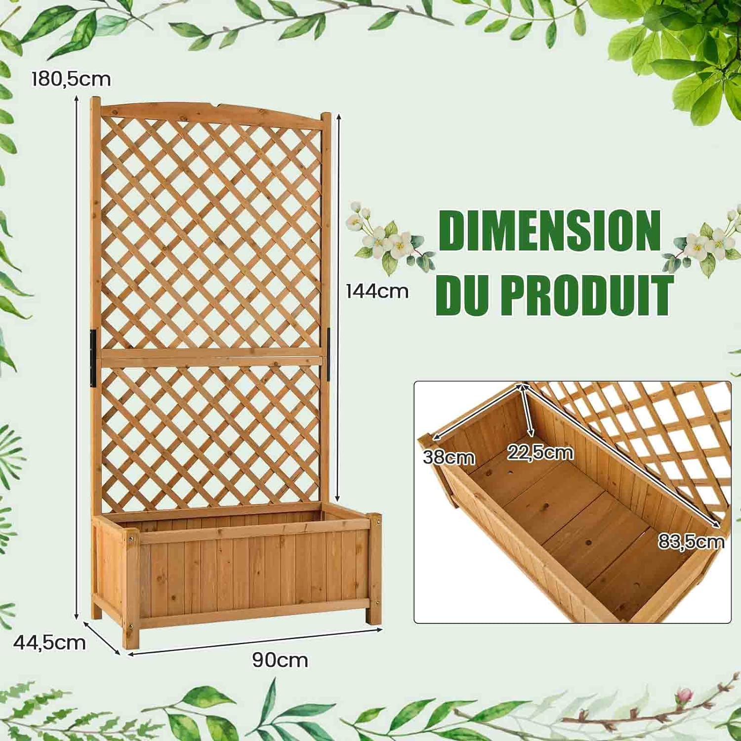 Fioriera da Esterno con Grigliato, Letto Rialzato in Legno con Traliccio e Fori di Drenaggio, Aiuola Rialzata per Piante Rampicanti e Fiori, 9 - 3