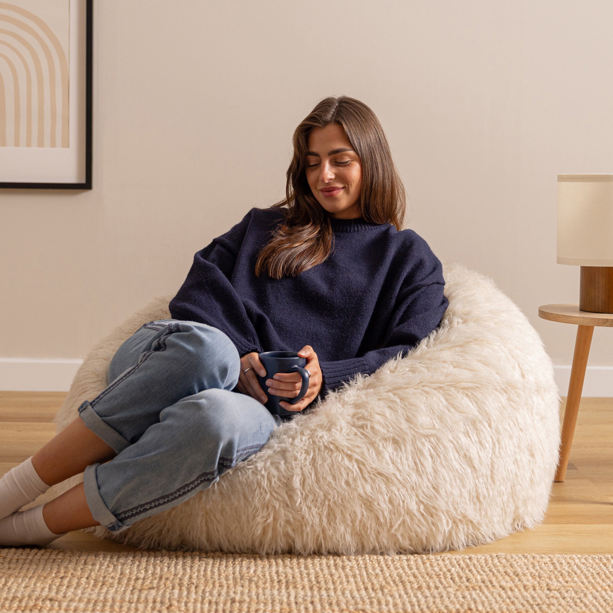 Pouf Icon fausse fourrure beige, salon, chambre, 85x85cm, Made in Allemagne, Oeko-Tex® - 4