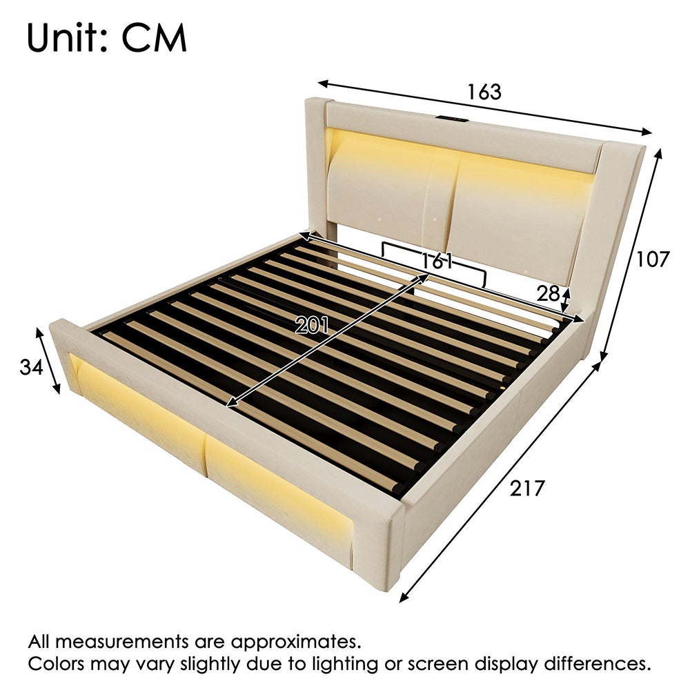 Cama hidráulica con iluminación LED controlada por aplicación, puertos de carga USB y Type-C, terciopelo, beige - 160 x 200 cm. - 4
