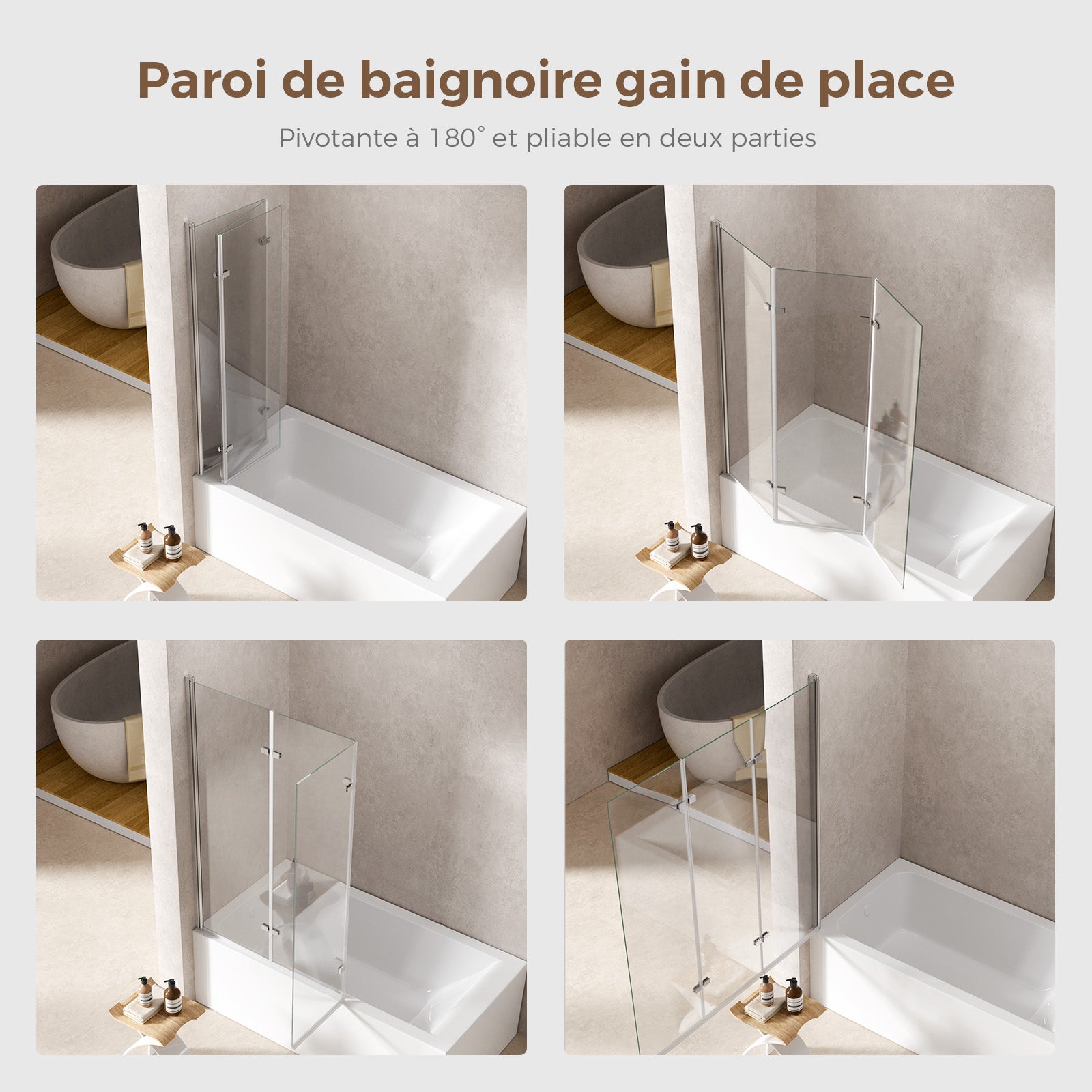 Paroi de baignoire pliante 3 volets, verre trempé 6 mm anticalcaire, aluminium finition argentée, 130x140 cm, pare-baignoire compact - 7