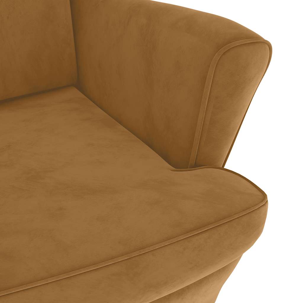 Fauteuil à oreilles avec tabouret marron en velours - 7