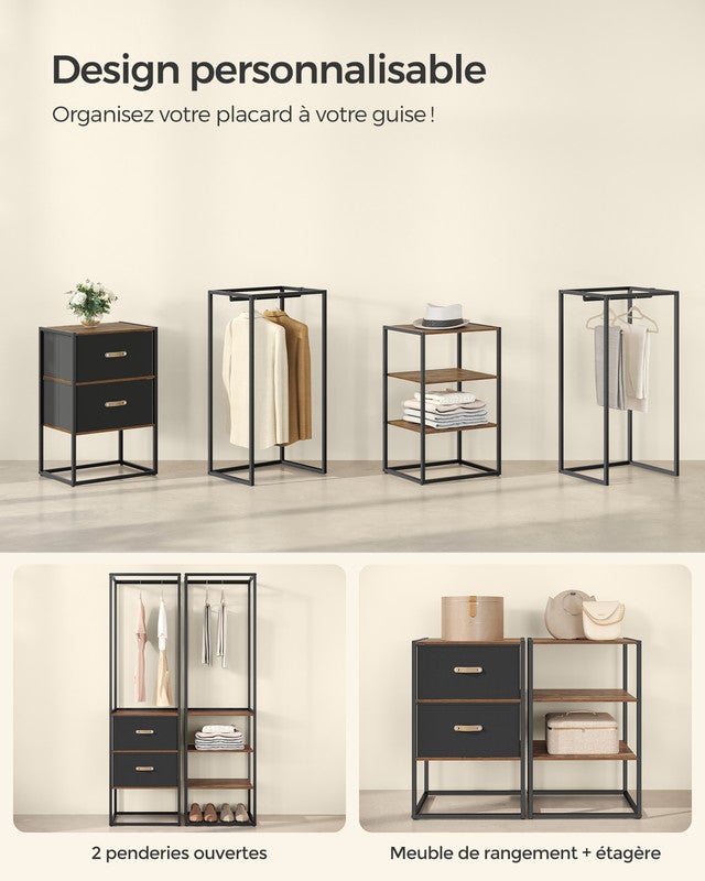 Penderie, Armoire Ouverte, avec 1 Tringle Extensible, 2 Tiroirs et 4 Étagères, Gain de Place, Marron Rustique - 4