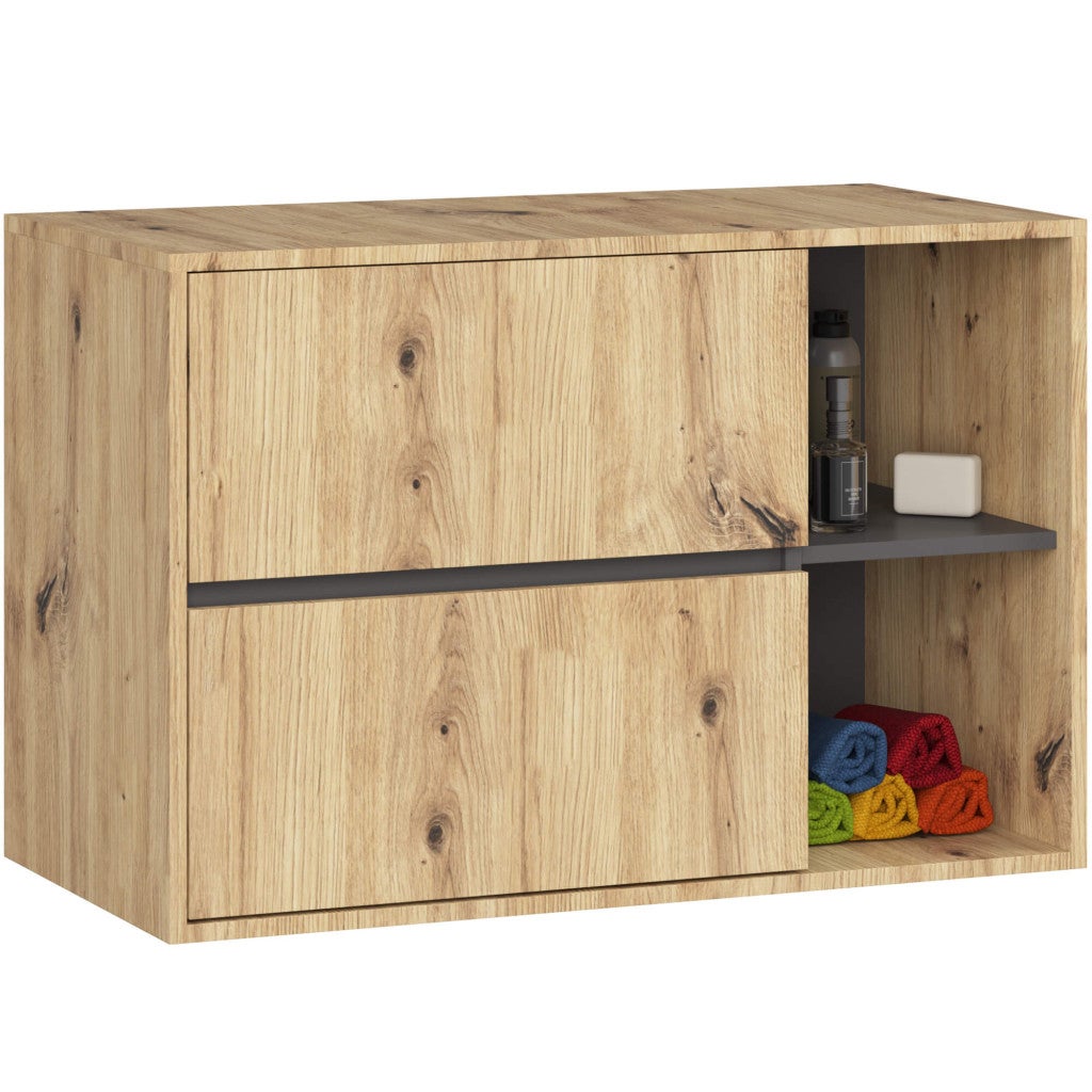 Etajera de baie suspendata, cu 2 sertare, PAL 16 mm, 90x46x60 cm, stejar artisan si gri