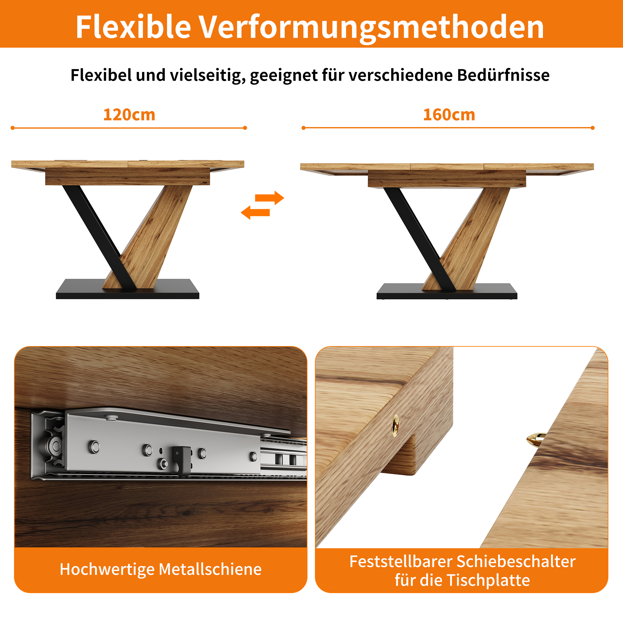Table a Manger Extensible (120-160×75×75,5cm),design extérieur à grain de bois,Table de Cuisine 6/8 Personnes,Pour cuisines et salons,Naturelle+Noir - 8