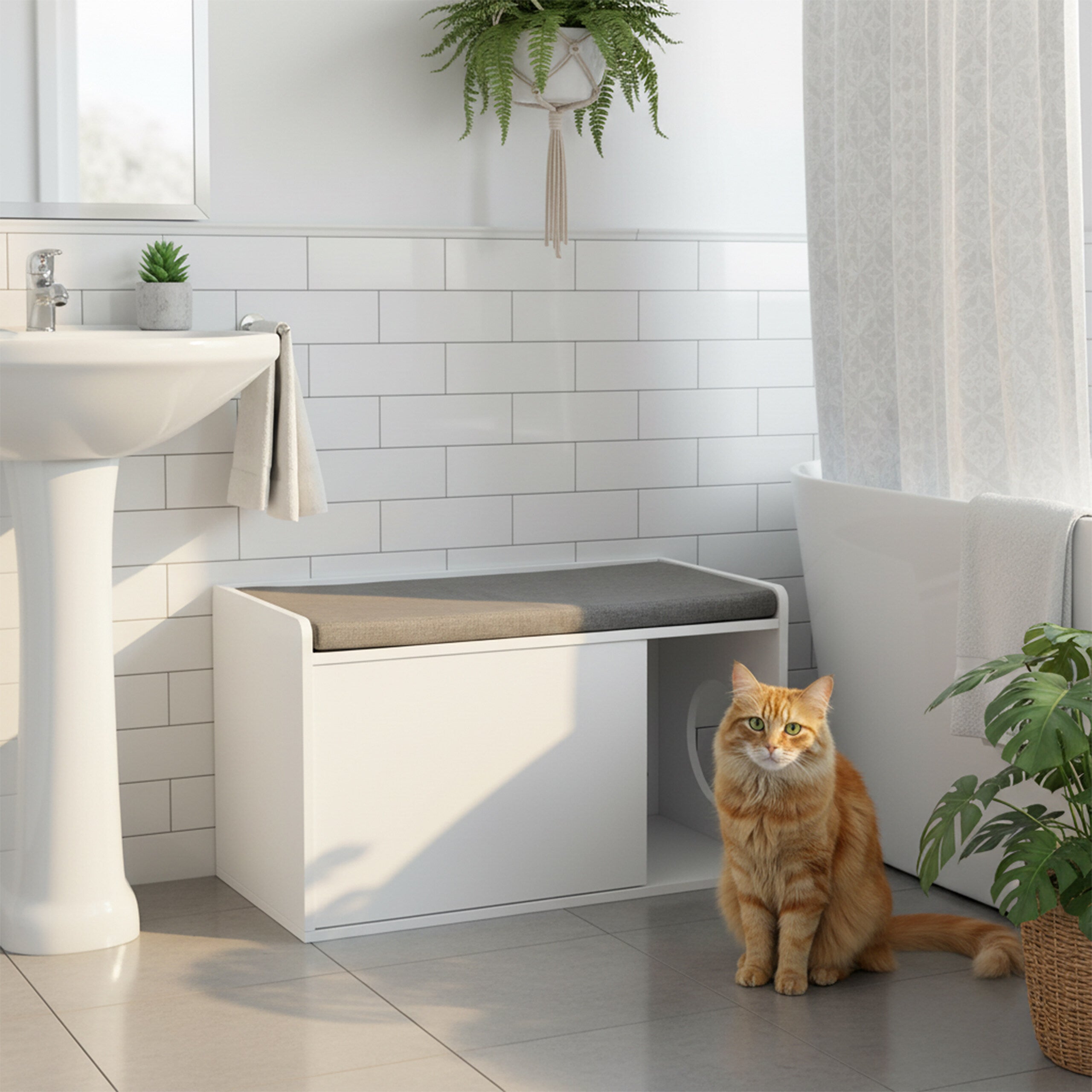 Armoire pour chat avec assise, 2 en 1 meuble litière et banc, HLP : 45,5 x 75 x 43 cm, blanc/gris, Relaxdays - 2