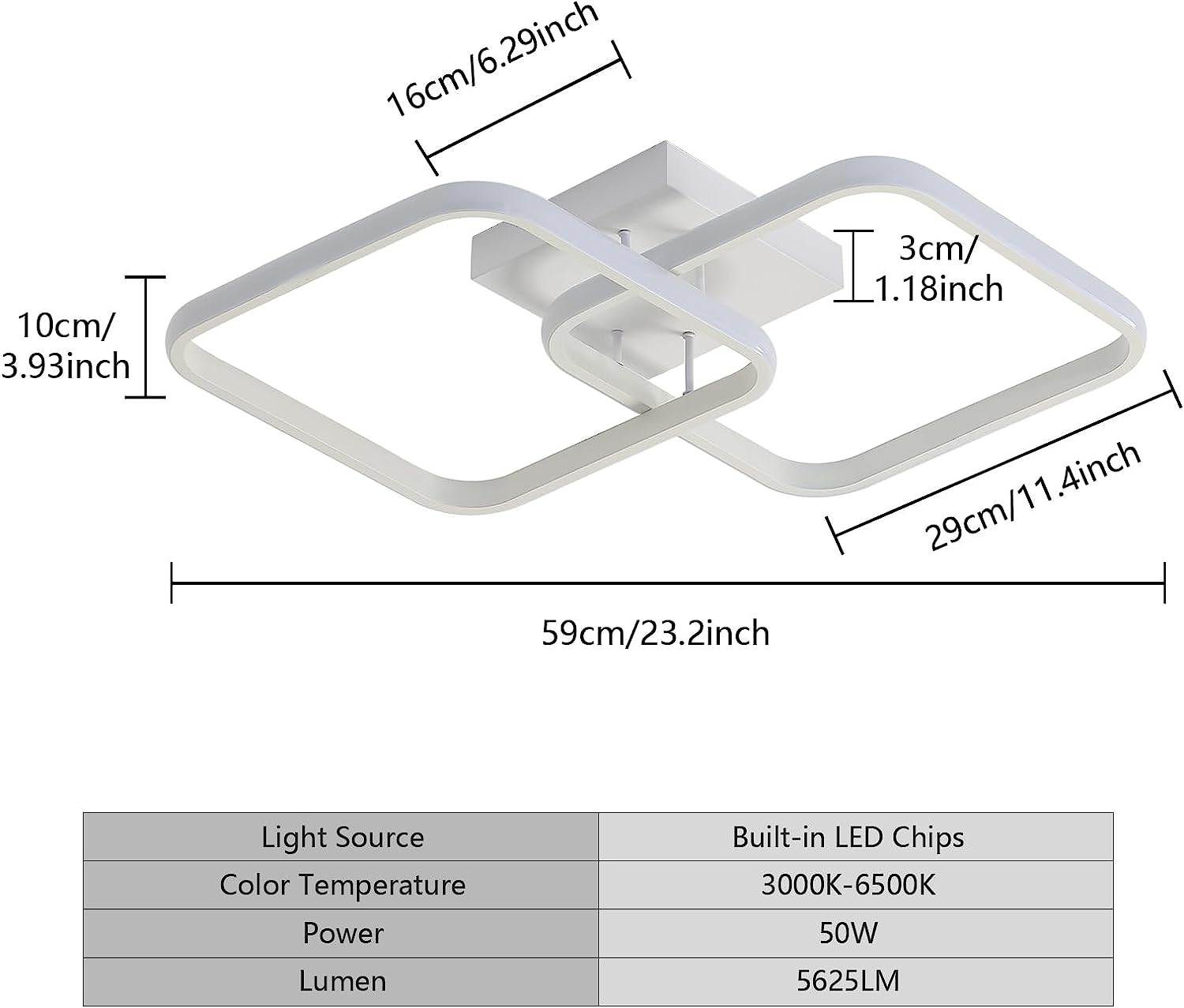 COMELY Plafonnier LED Dimmable 50W 5625LM Moderne Cercle Carré, Lampe de Plafond 3000K–6000K pour Salon, Chambre, Salle à Manger et Bureau, Blanc - 6