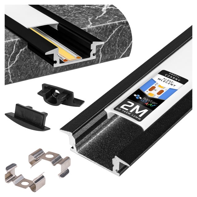 Profil do taśm LED 2m wpuszczany aluminiowy czarny z mlecznym kloszem MasterLED