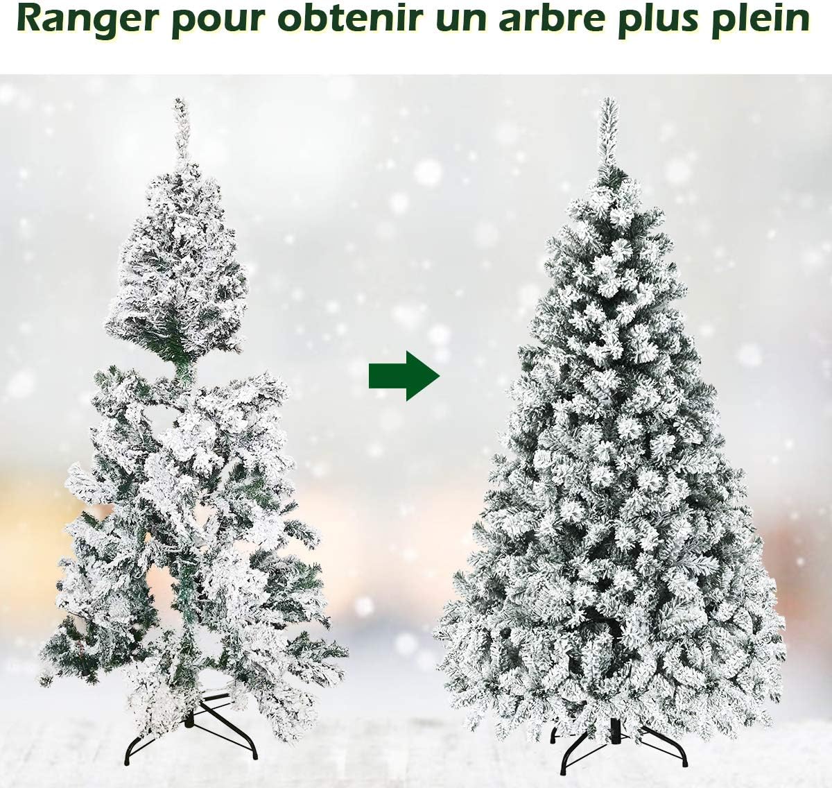 180cm Árbol de Navidad Flocado con 250 Luces LED, 600 ramas de PVC ignífugo con apertura automática, base de metal, blanco - 4