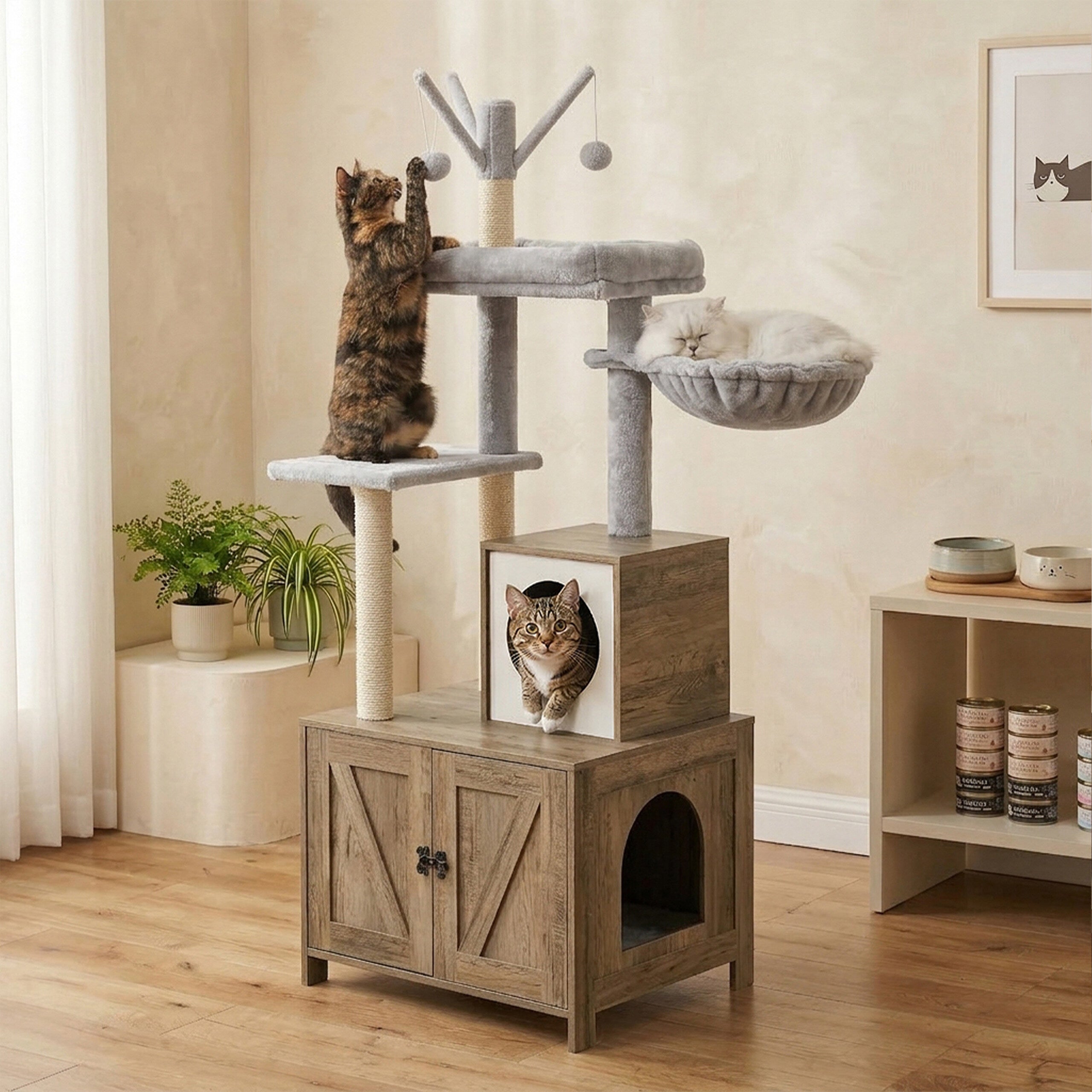Árvore para gatos com armário para caixa de areia, 150 x 60 x 49 cm, postes de sisal e cama, efeito madeira branco, Relaxdays - 2