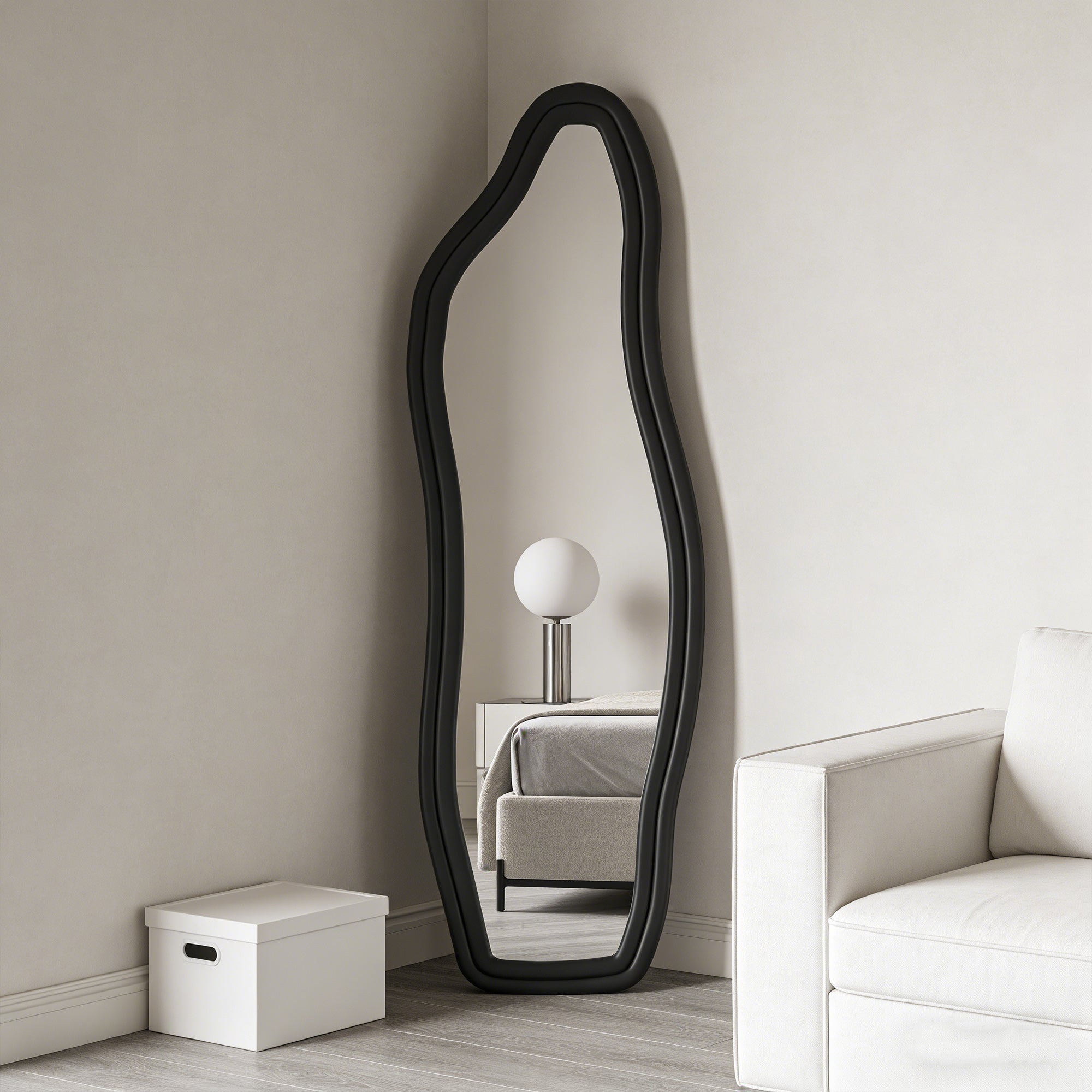 Miroir sur pied 160x50 cm, COZY, Miroir grand modèle, Miroir mural avec velours frame, verre trempé, pour Chambre, Noir - 2