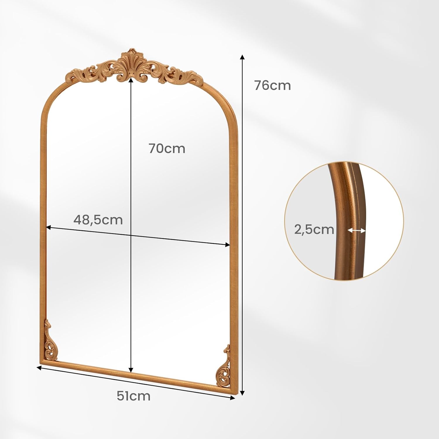 Miroir Mural Doré Vintage, Miroir Arqué Décoratif avec Cadre Baroque Orné, Métal Robuste, Décoration Murale pour Entrée, Salon, Couloir (51x76 cm) - 6