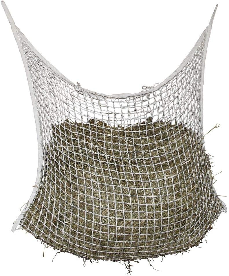 Siatka na siano o oczkach 3x3 cm, wymiary 120x90 cm, do karmienia co 12 godzin, pojemność ok. 8,5 kg siana, wytrzymały materiał
