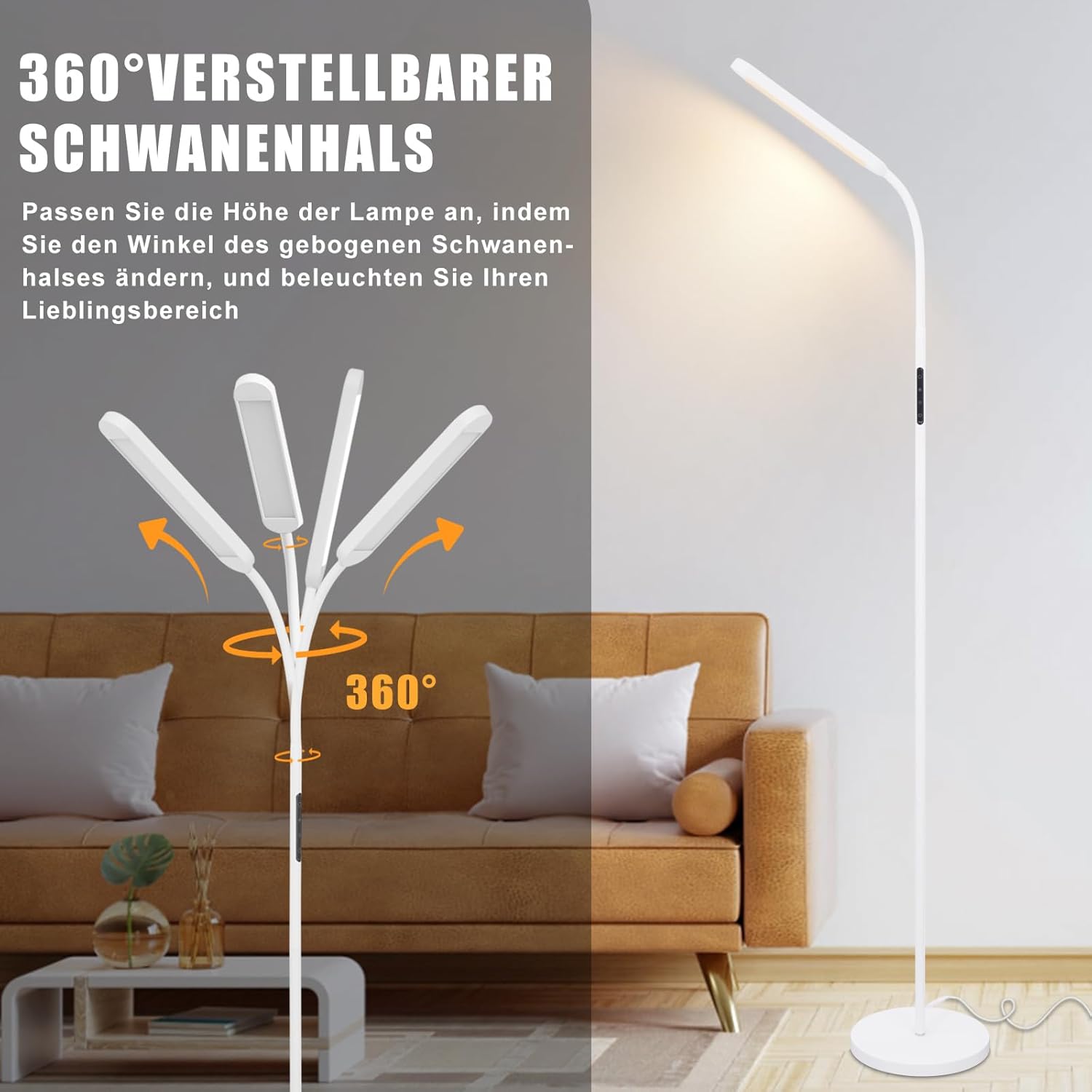 ZMH Lampada da terra a LED per soggiorno, lampada da terra bianca variabile, 11W, divano flessibile a 360° - 4