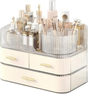 Koomuao Rangement Maquillage - 3 Couches - Boite Rangement Maquillage Présentoir Cosmétique Stockage de Bijoux Produit de Beauté Organisateur de Parfum pour Coiffeuse de Salle de Bain (Champagne