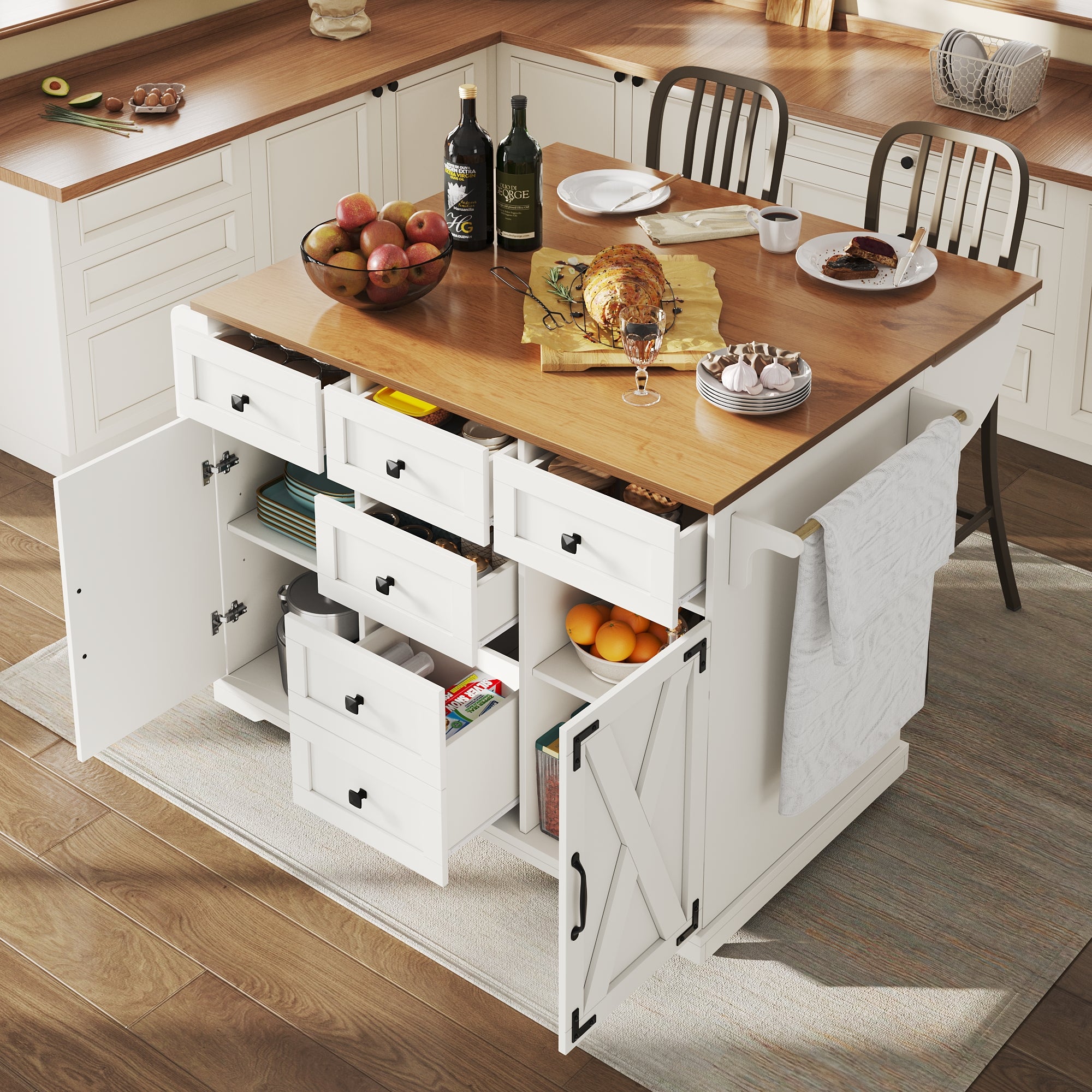 Isla de cocina de alta calidad, carrito de servicio multifuncional con vetas de madera y gran espacio de almacenamiento, mueble buffet móvil, blanco