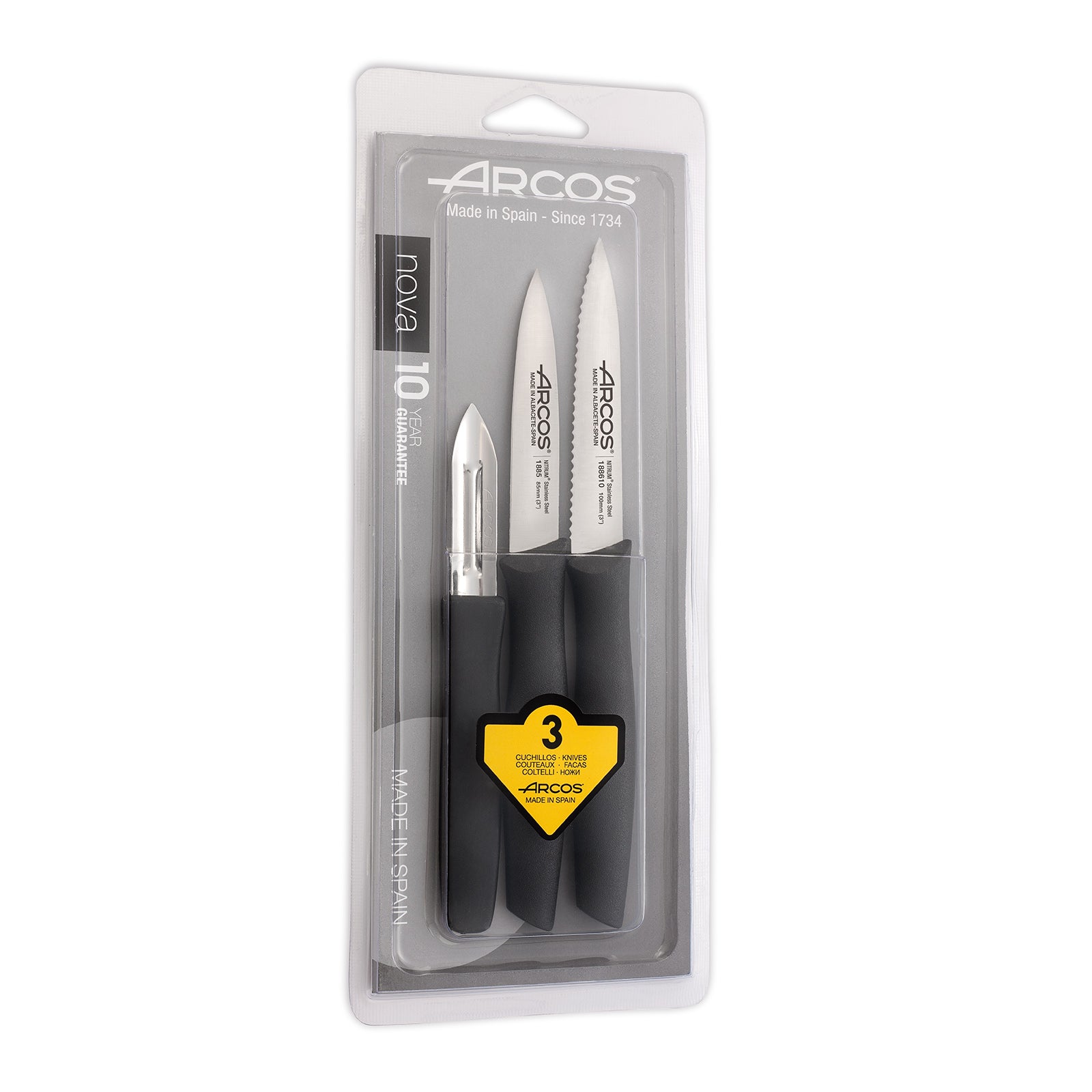 Arcos Series Nova - Set Coltelli Da Paring - Lama In Acciaio Inox Nitrum - Manico Polipropilene Colore Nero