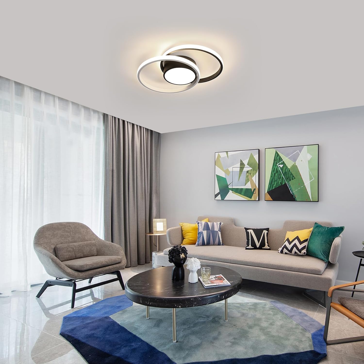 Lampada da soffitto LED Double Cercle Alu Blanc/Noir - 42W Lumière Neutre 4500K - Éclairage Moderne et Puissant - 2
