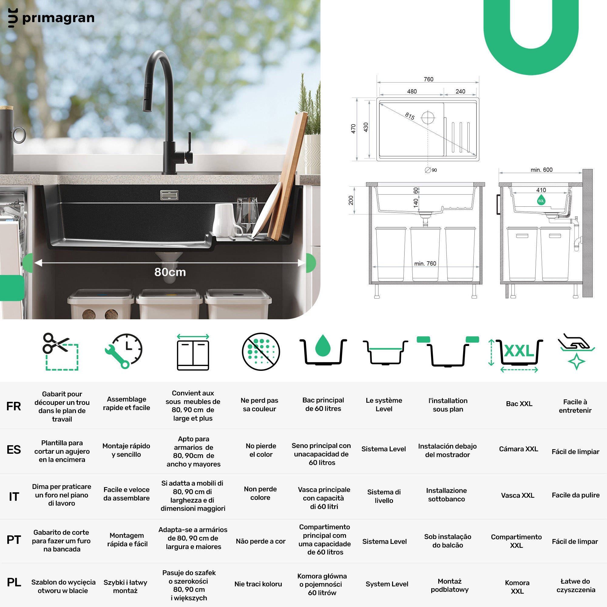 Lavandino sottotop Nero 76x47cm, Lavello in Granito a 1 vasca + Sifone Classico + Accessori, Lavabo da Cucina al mobile 80cm - Prague PRIMAGRAN - 6