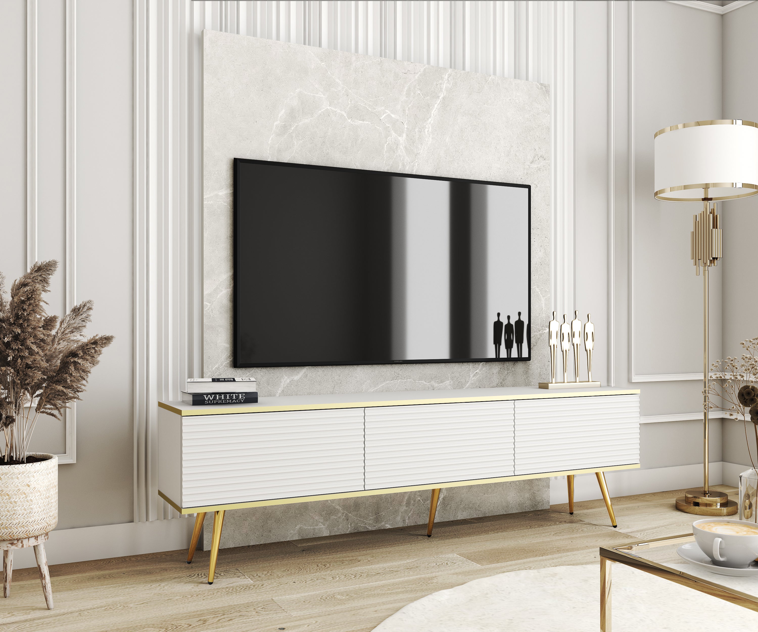 Stolik pod TV z białymi listwami, złote nogi, 135 x 30 x 52 cm, otwierany na naciśnięcie - 2
