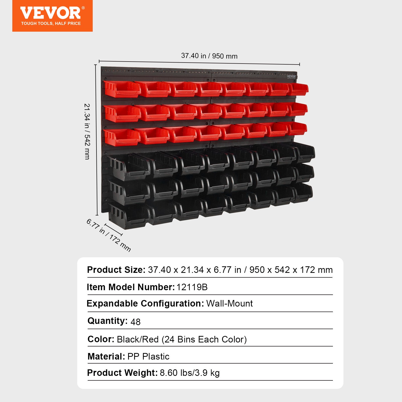 Étagère Bac à Bec Plastique VEVOR,48 Boites Rangement Empilables Atelier Garage avec Panneaux Muraux,Organisateur Outil pour Écrous,Boulons,Noir/Rouge - 7