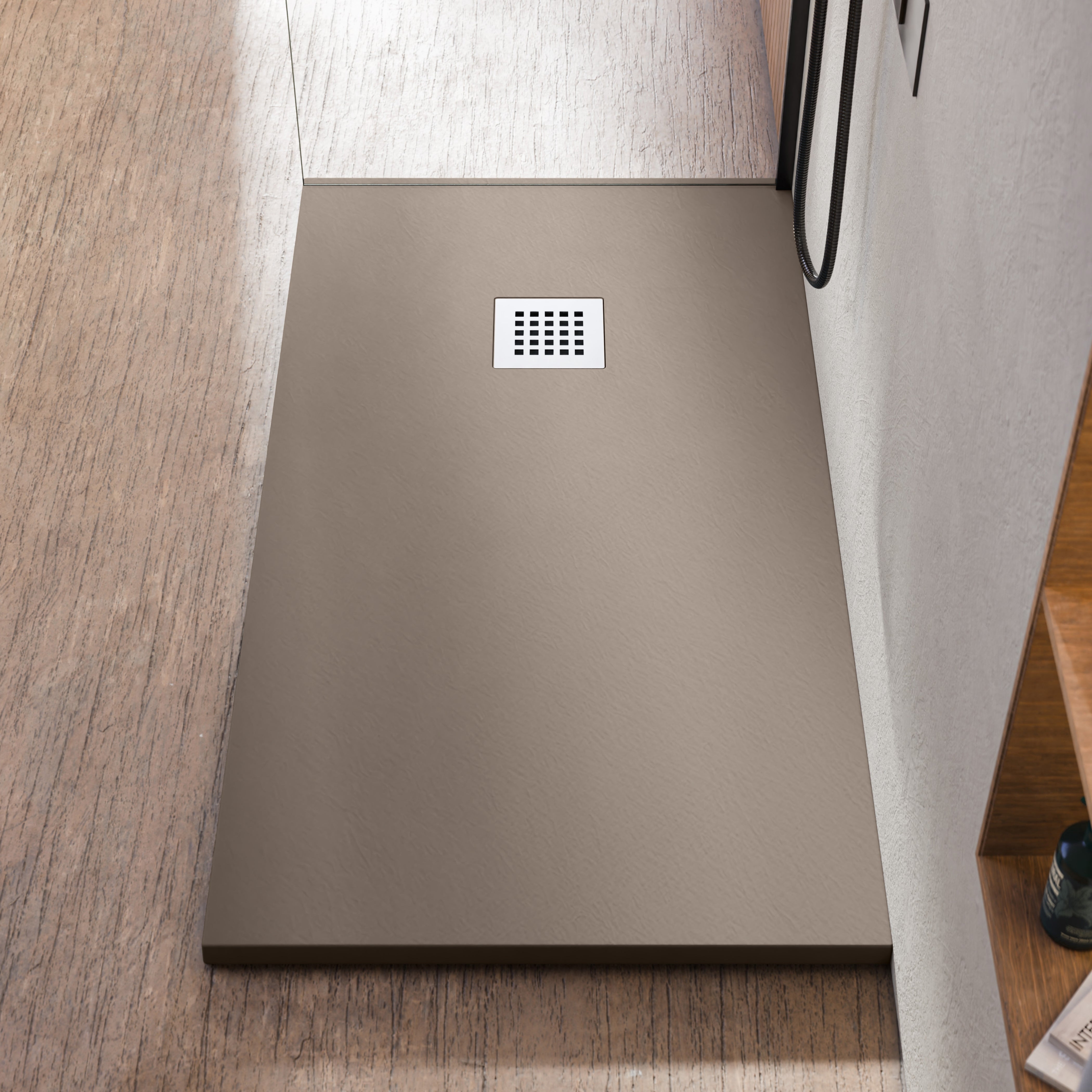 BELLOBATH - Base de duche de resina antiderrapante - Textura lousa suave - Inclui válvula de escoamento e grelha - Moca - 90 X 160cm - 2