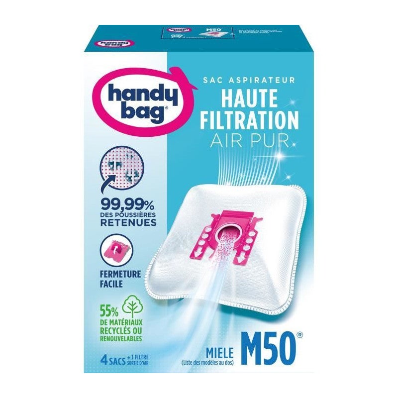 Sacs Aspirateur M50 Compatible Miele - Lot De 4 Sacs + Filtre Anti-allergène - Haute Filtration 99,99% - 55% Matériaux Recyclés