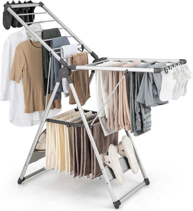 Étendoir Linge Intérieur, Sechoir à Linge Pliable en Alu 2 Niveaux, Seche Linge Intérieur Extérieur