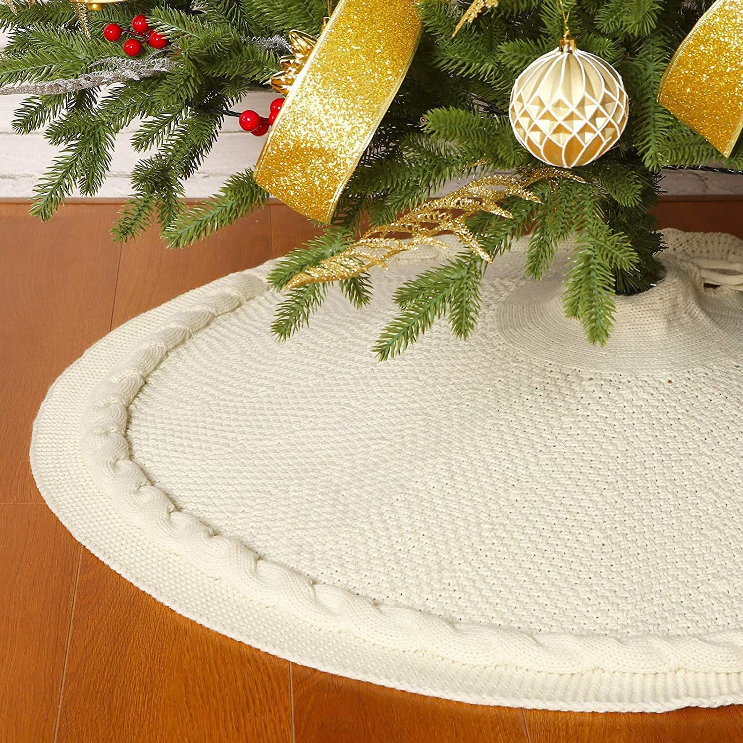 Spódnica choinkowa 24 cale (61 cm), dzianinowa spódnica choinkowa, spódnica choinkowa w kolorze złamanej bieli, spódnica choinkowa w stylu vintage