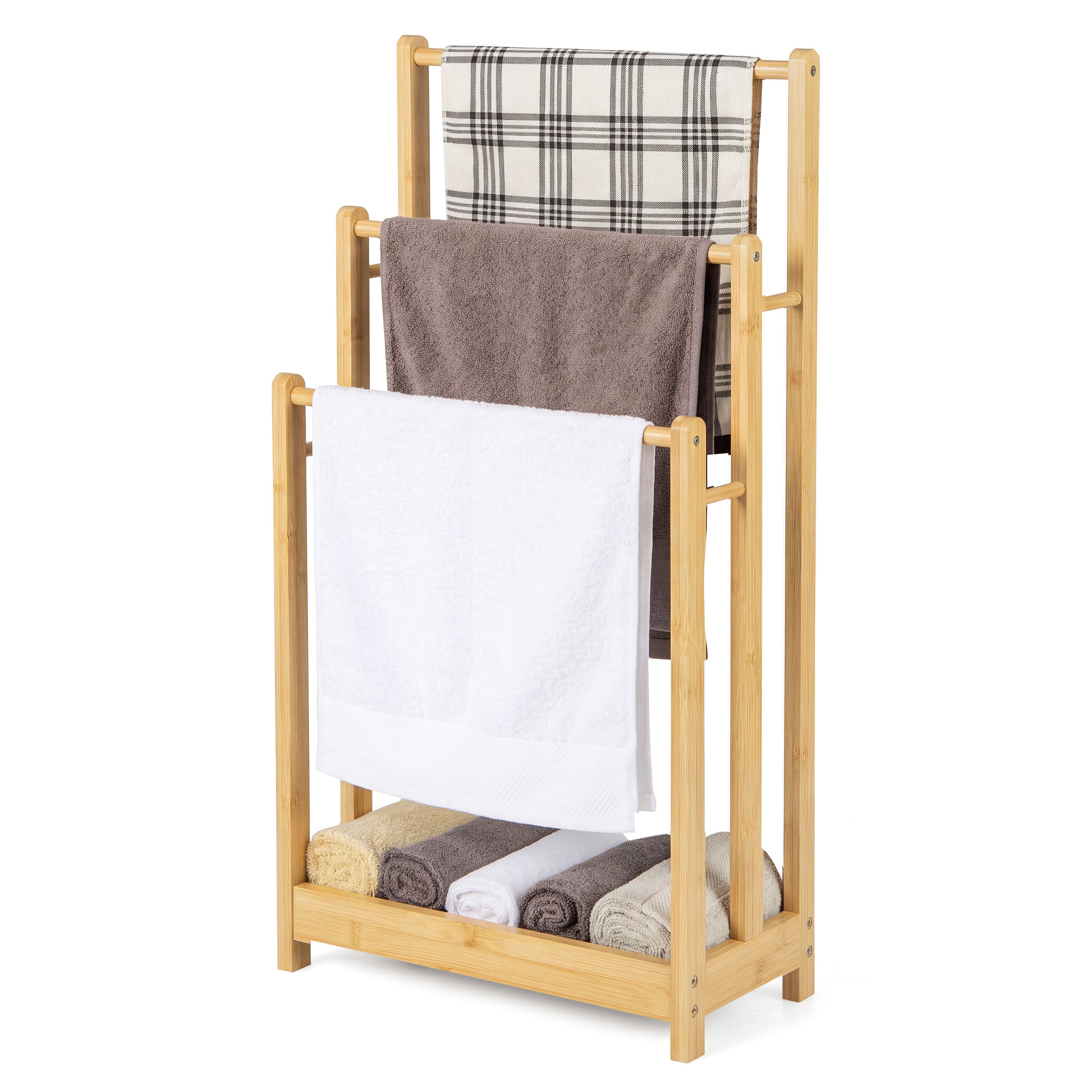 Suport pentru prosoape din bambus, suport pentru prosoape pe picior cu spațiu de depozitare, 3 bare decalate, raft inferior cu lamele, 45 x 22 x 86 cm