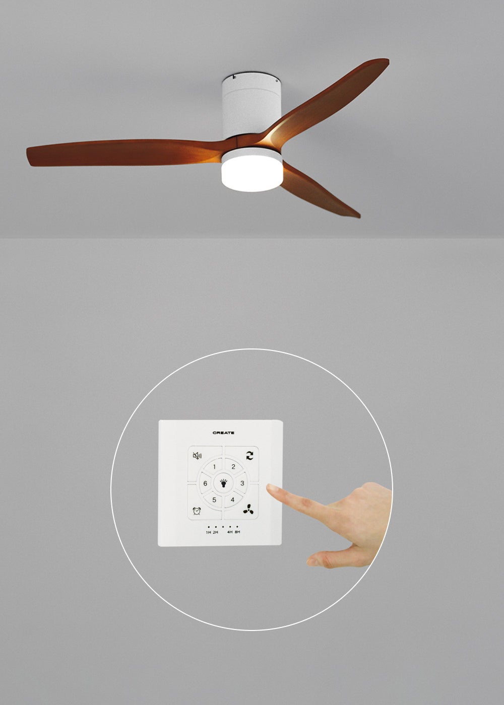 CREATE - WIND CALM M - Ventilateur de plafond silencieux 40W avec pales techniques en ABS Ø132cm avec eclaraige avec contrôleur mural - 4