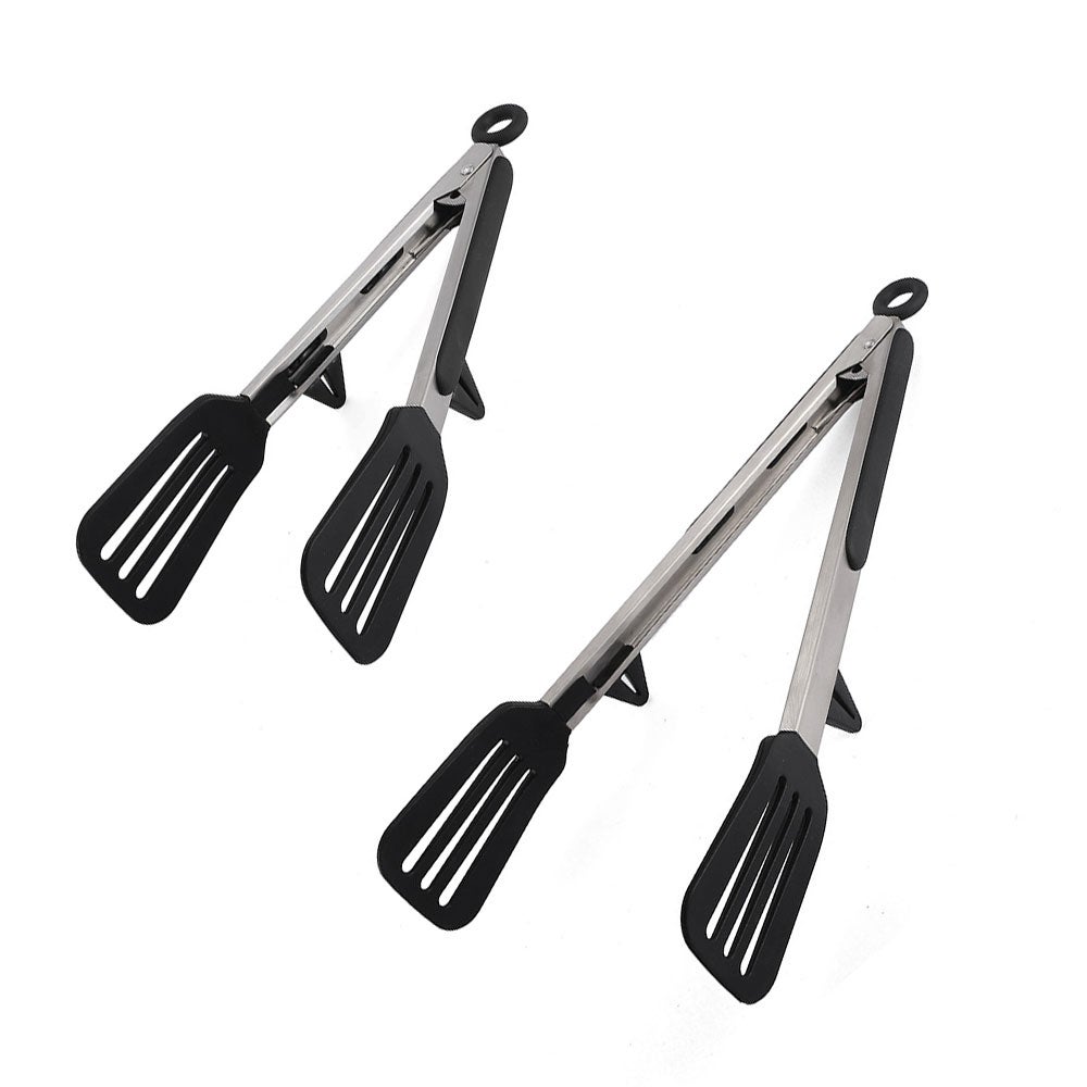 Szczypce kuchenne z silikonowymi główkami, szpatułki silikonowe ze stali nierdzewnej do grillowania (9" + 12" czarne)