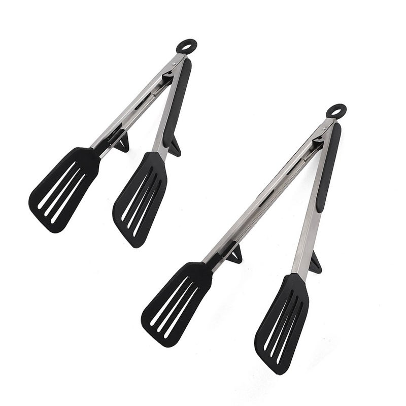 Szczypce kuchenne z silikonowymi główkami, szpatułki silikonowe ze stali nierdzewnej do grillowania (9" + 12" czarne)