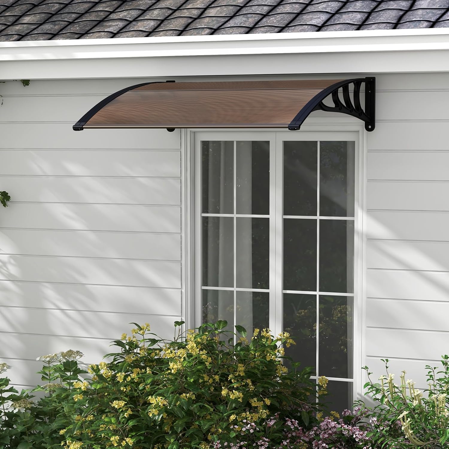 122 x 99 cm Toldo para porta de entrada Proteção solar, Toldo para portas e janelas exteriores Placa de policarbonato castanho - 9