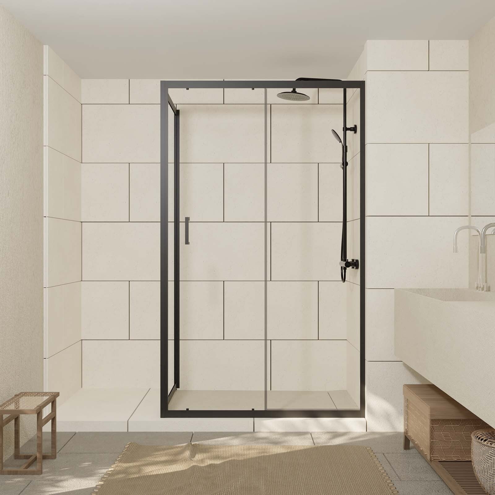 Porte de douche + Retour 120x90x200 cm - Verre 6 mm - Profilé Noir - CRUSH - 7