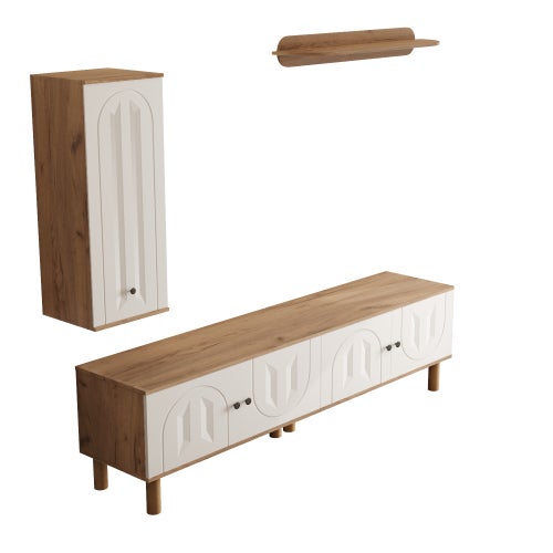 Mobile TV modulare a 3 pezzi con vetrine intagliate, mensole a muro e ampi contenitori in legno/bianco - 2