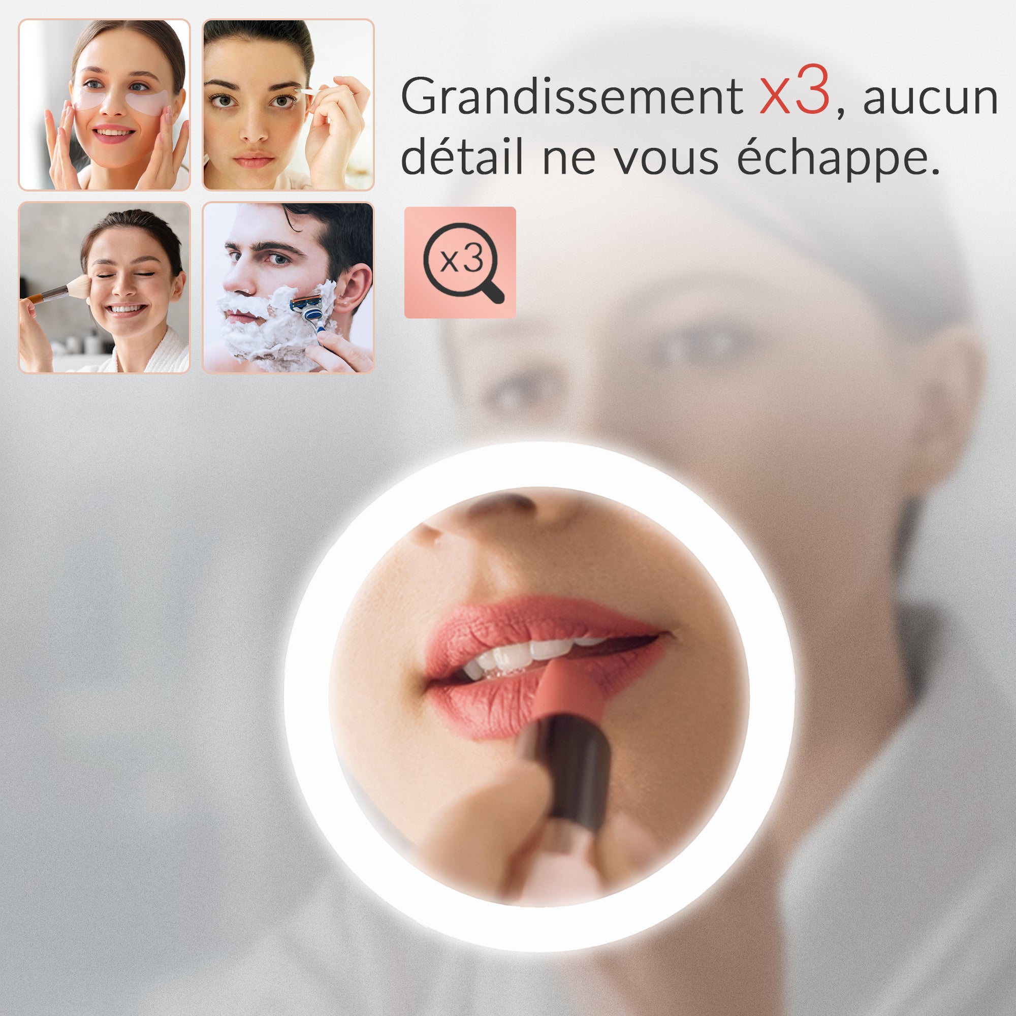 SIRHONA Miroir de Salle de Bain Rond Ø80cm, Bluetooth, Anti-Buée Centrale, Loupe 3x, Éclairage 3 Tons, Montage H/V - 6