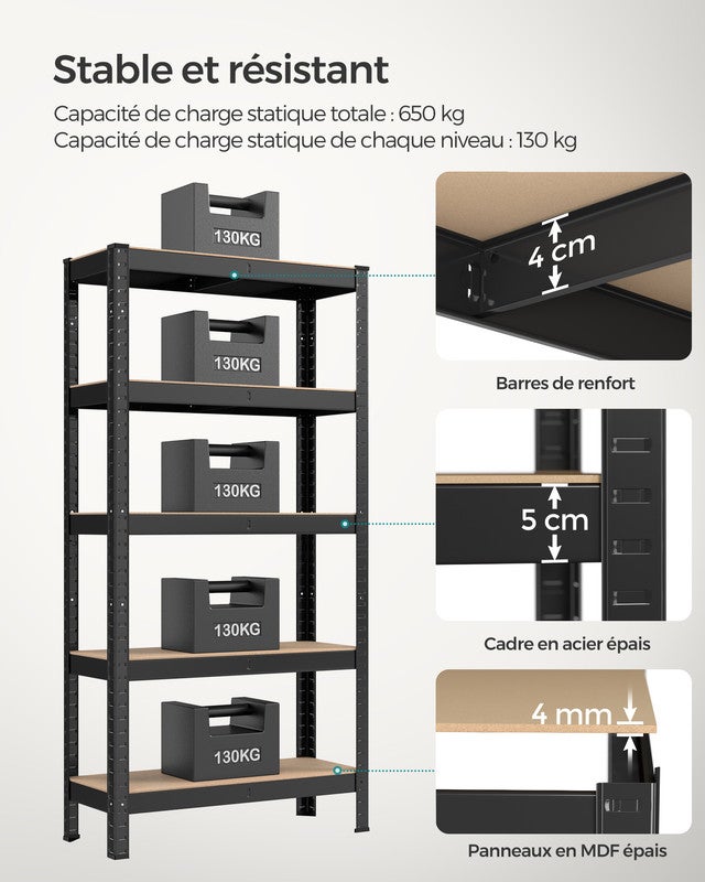 Étagère de Rangement à 5 Niveaux, Lot de 2, 30 x 75 x 150 cm, Capacité 650 kg, Planches Réglables, Style Industriel, pour Cuisine, Salon, Noir - 3