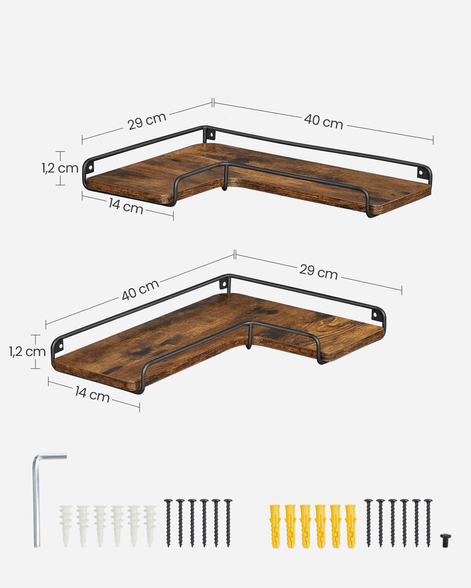 Étagère d’Angle en Forme de L, Lot de 2, Étagère Suspendue, Style Industriel, Marron Rustique et Noir - 5